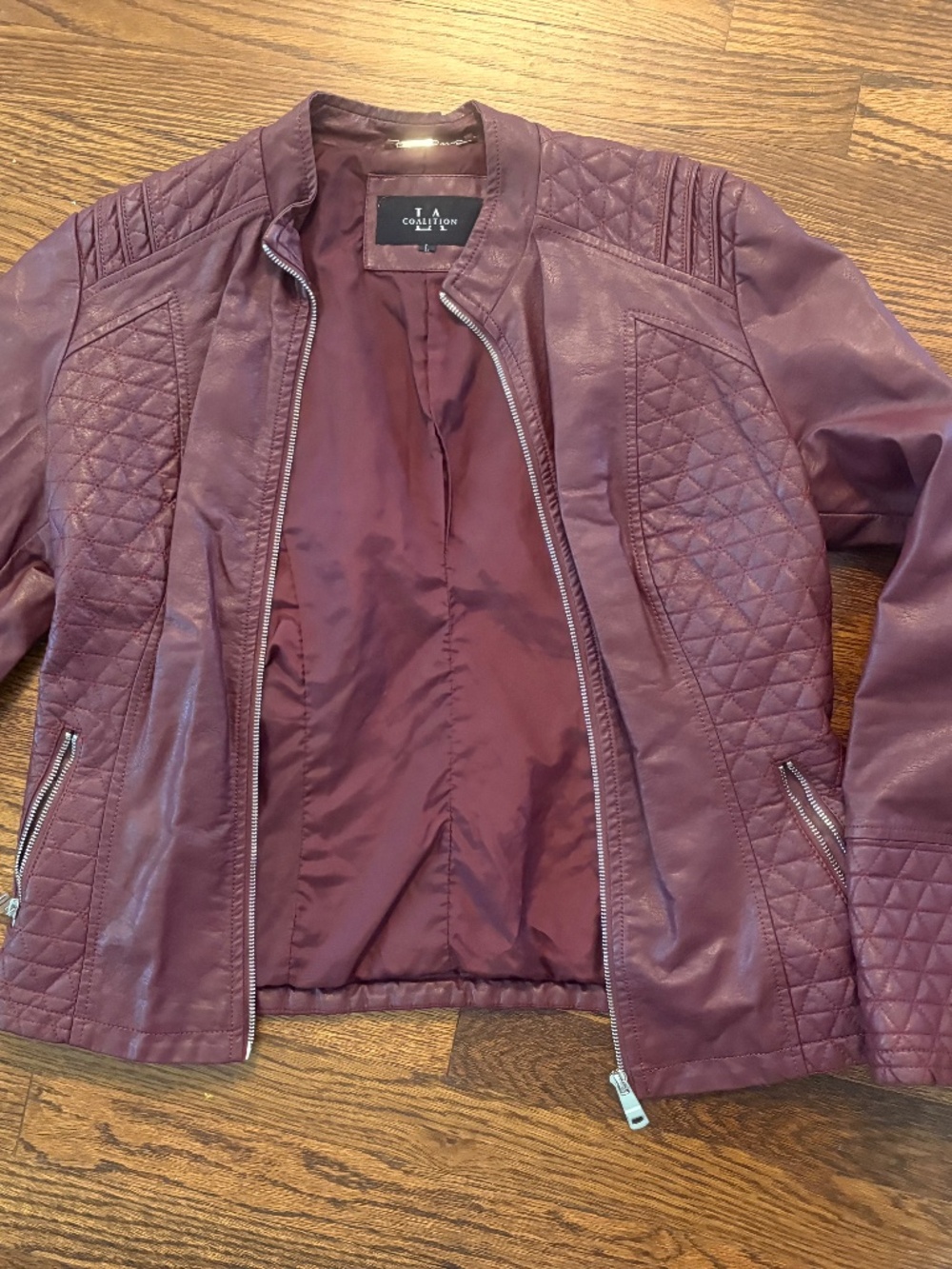 LA Coalition burgundy quilted faux leather moto jacket- LARGE